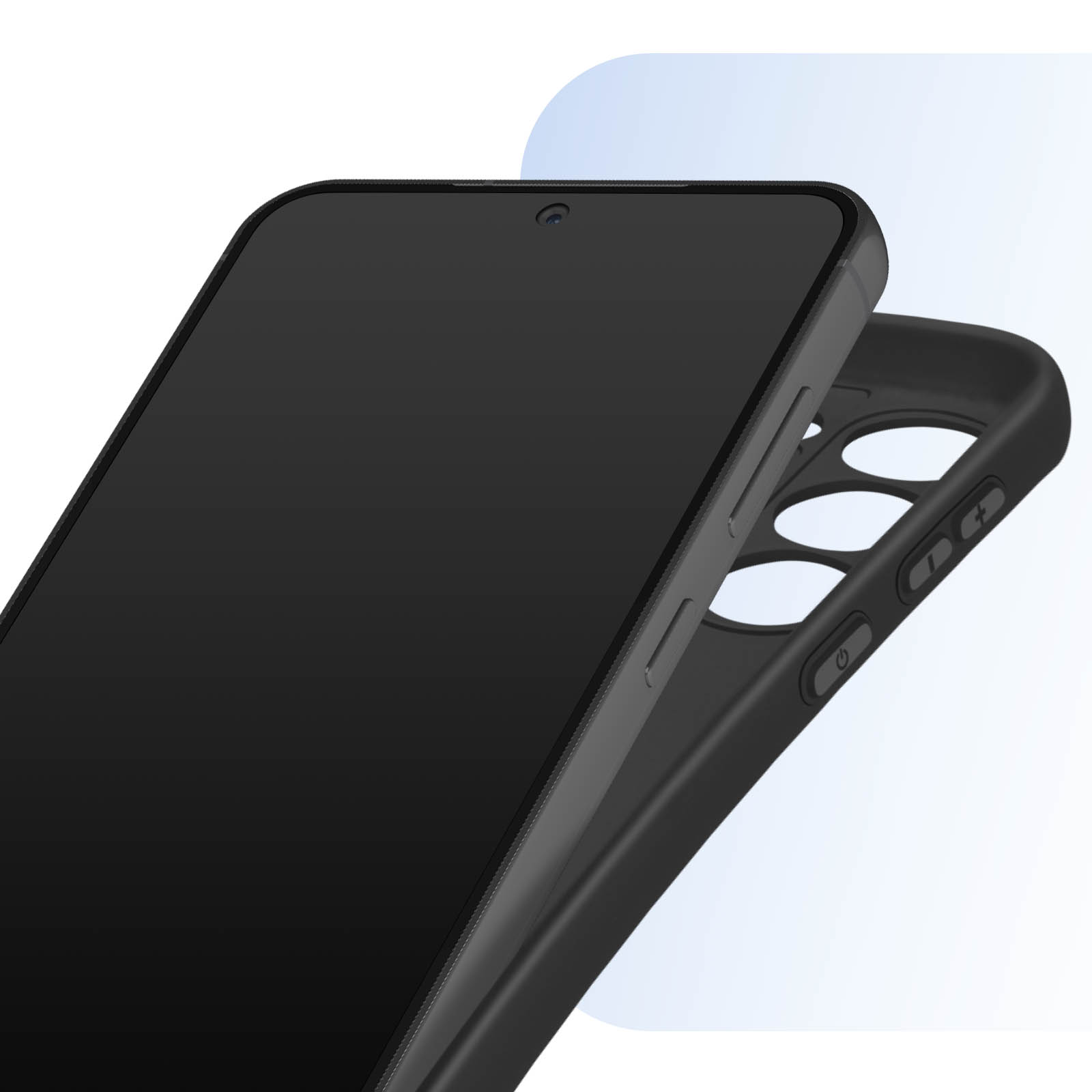 Telefono e custodia neri. Telefono leggermente fuori, che mostra i pulsanti laterali.