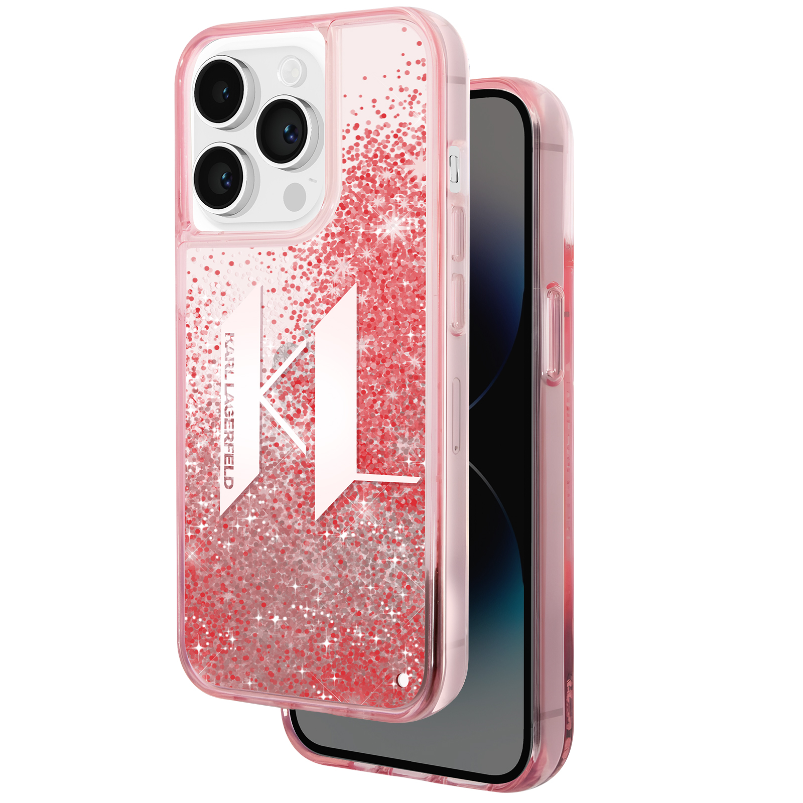 Custodia rosa per telefono con glitter e logo Karl Lagerfeld. Telefono all'interno. Sfondo bianco.