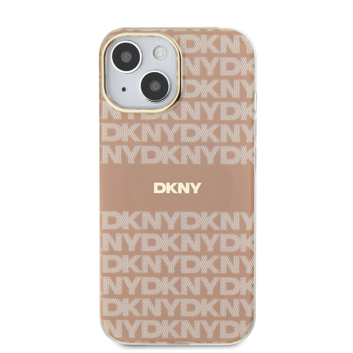Custodia con motivo logo DKNY. Design marrone e bianco, bordi dorati. Sfondo bianco.