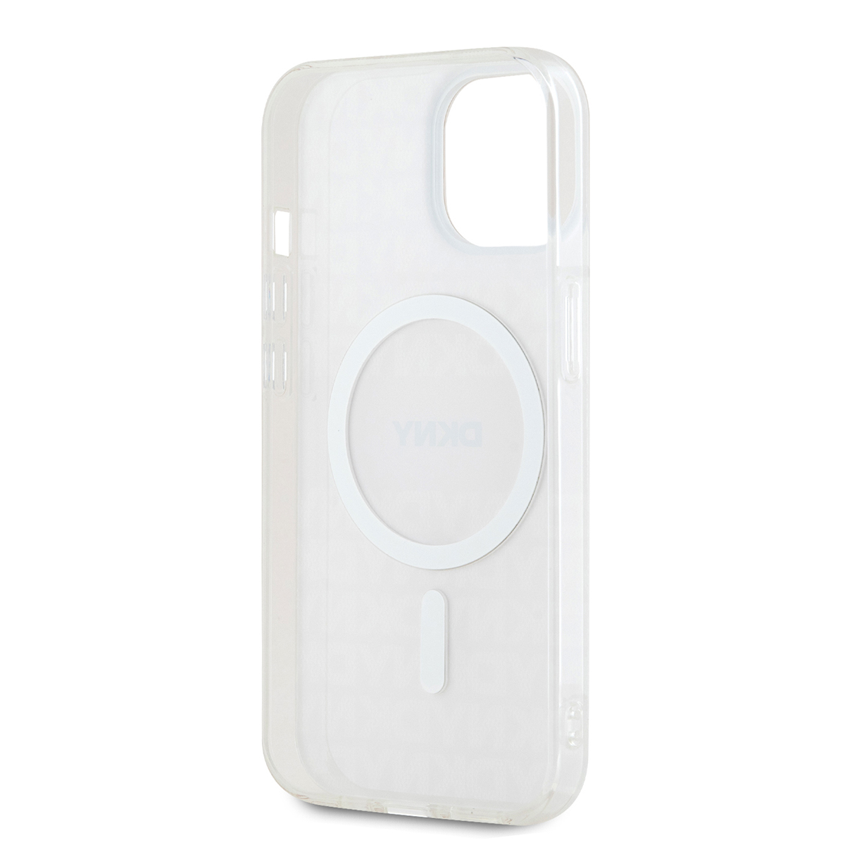 Custodia trasparente per telefono con logo DKNY e cerchio caricatore MagSafe bianco.