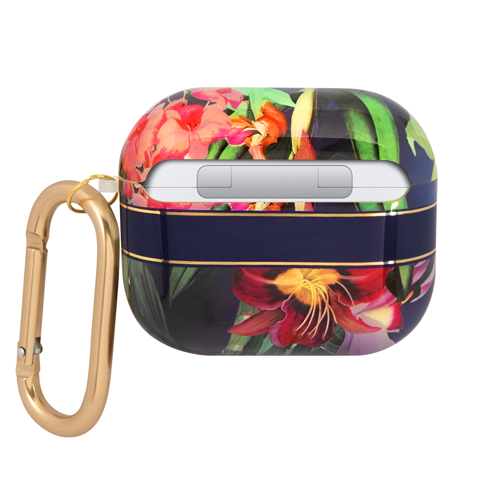 Funda para AirPods con diseño floral, cierre dorado y fondo azul marino.