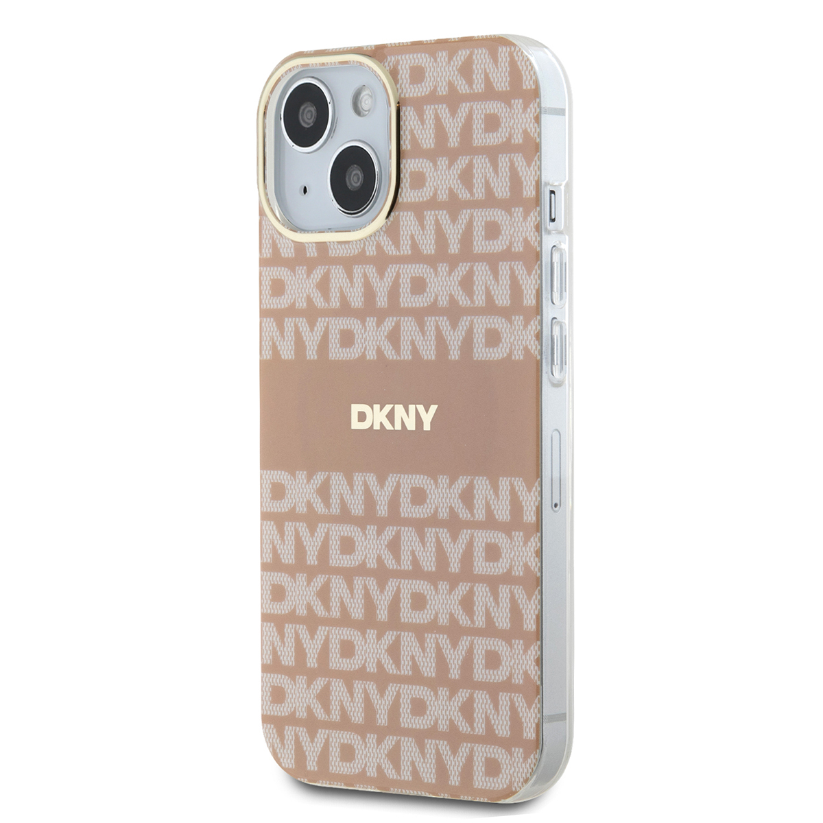 Custodia DKNY. Motivo ripetuto del logo DKNY. Il telefono è visibile.