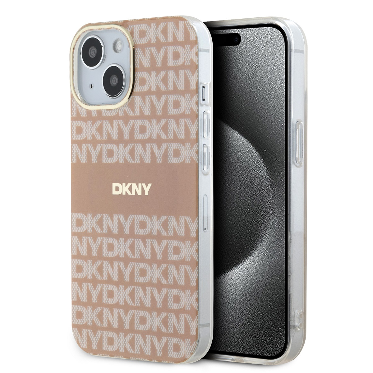 Telefono con custodia a fantasia DKNY, sfondo bianco.