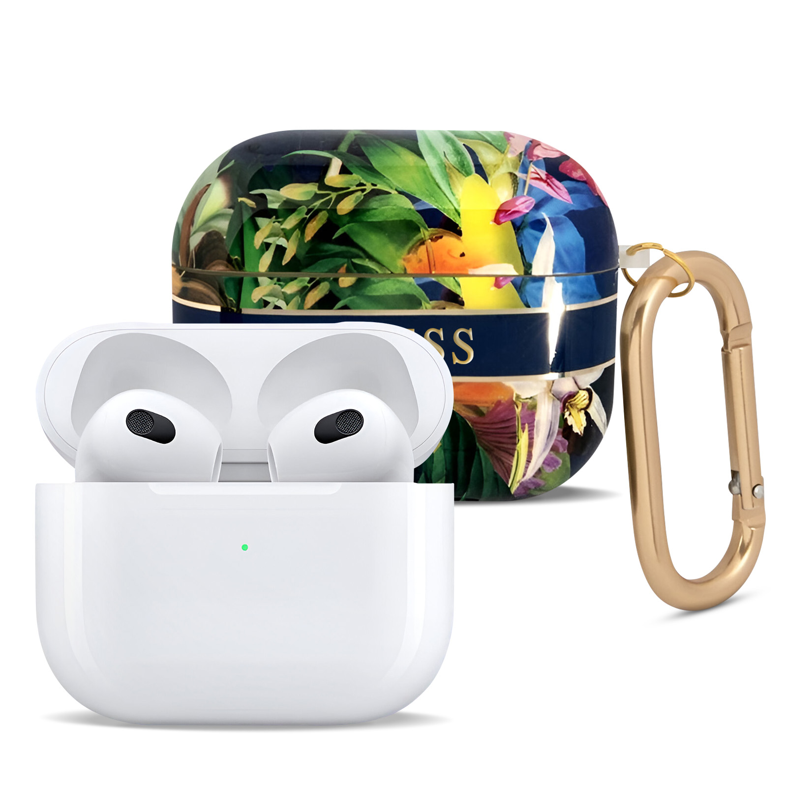 AirPods blancos en un estuche abierto junto a un estuche con diseño floral y un mosquetón dorado.