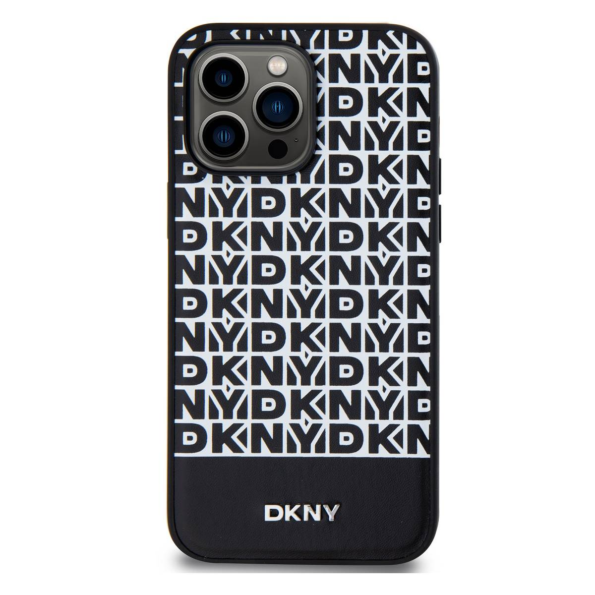 Custodia per telefono DKNY bianca e nera con testo DKNY ripetuto. Sfondo bianco.