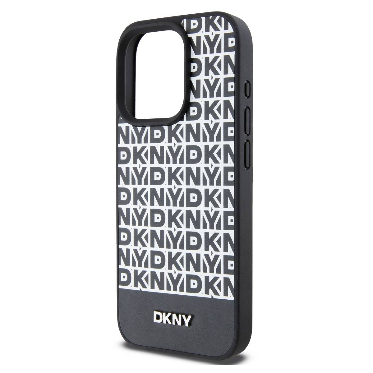 Custodia DKNY in bianco e nero. Testo DKNY bianco ripetuto su sfondo nero. Logo DKNY in basso.