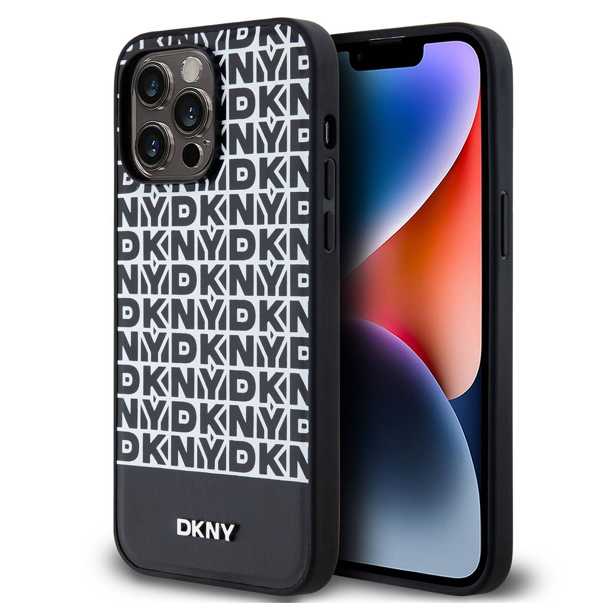 Custodia per telefono nera con un motivo ripetuto DKNY. Un iPhone è all'interno della custodia.