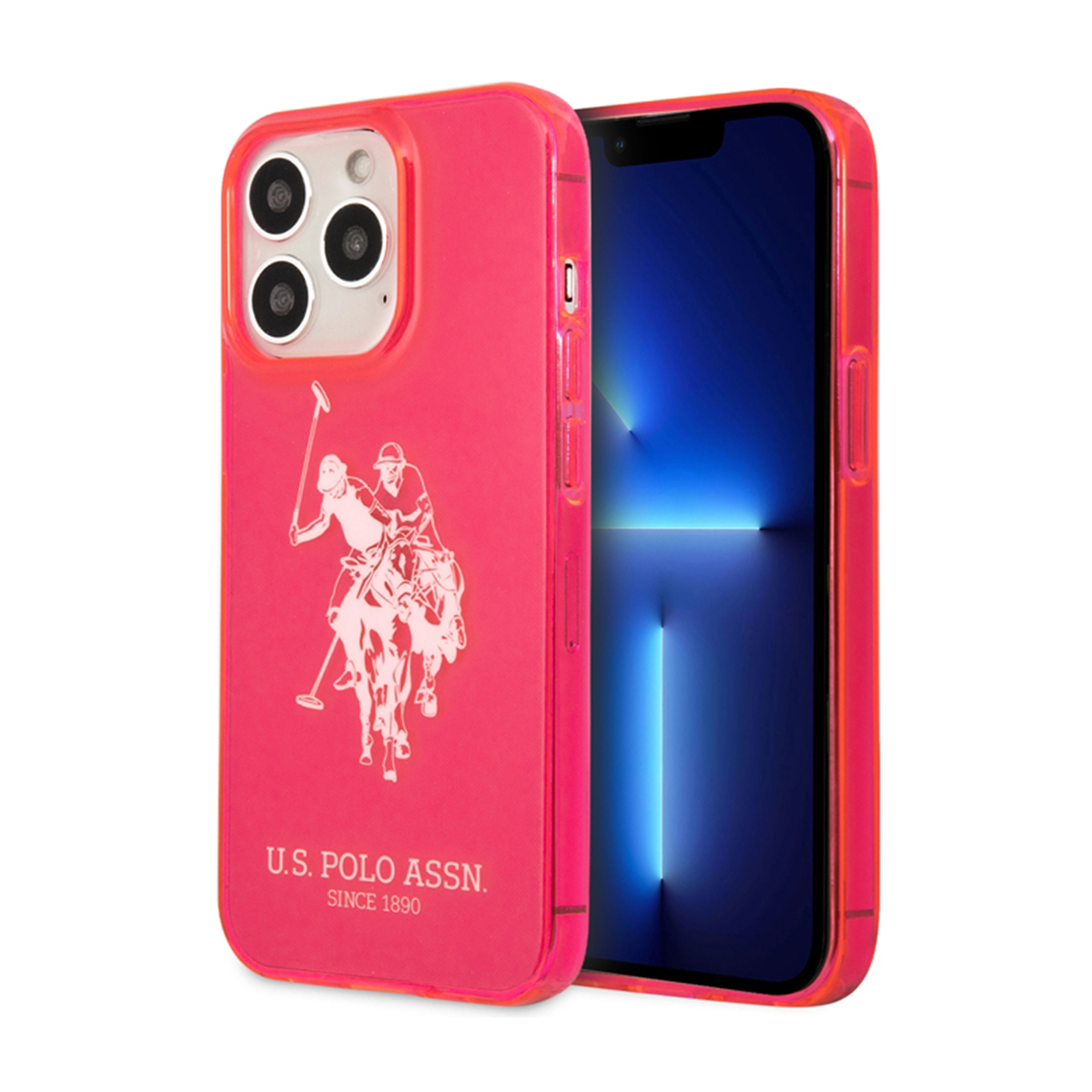 Custodia per telefono rosa con logo US Polo Assn, due persone a cavallo.