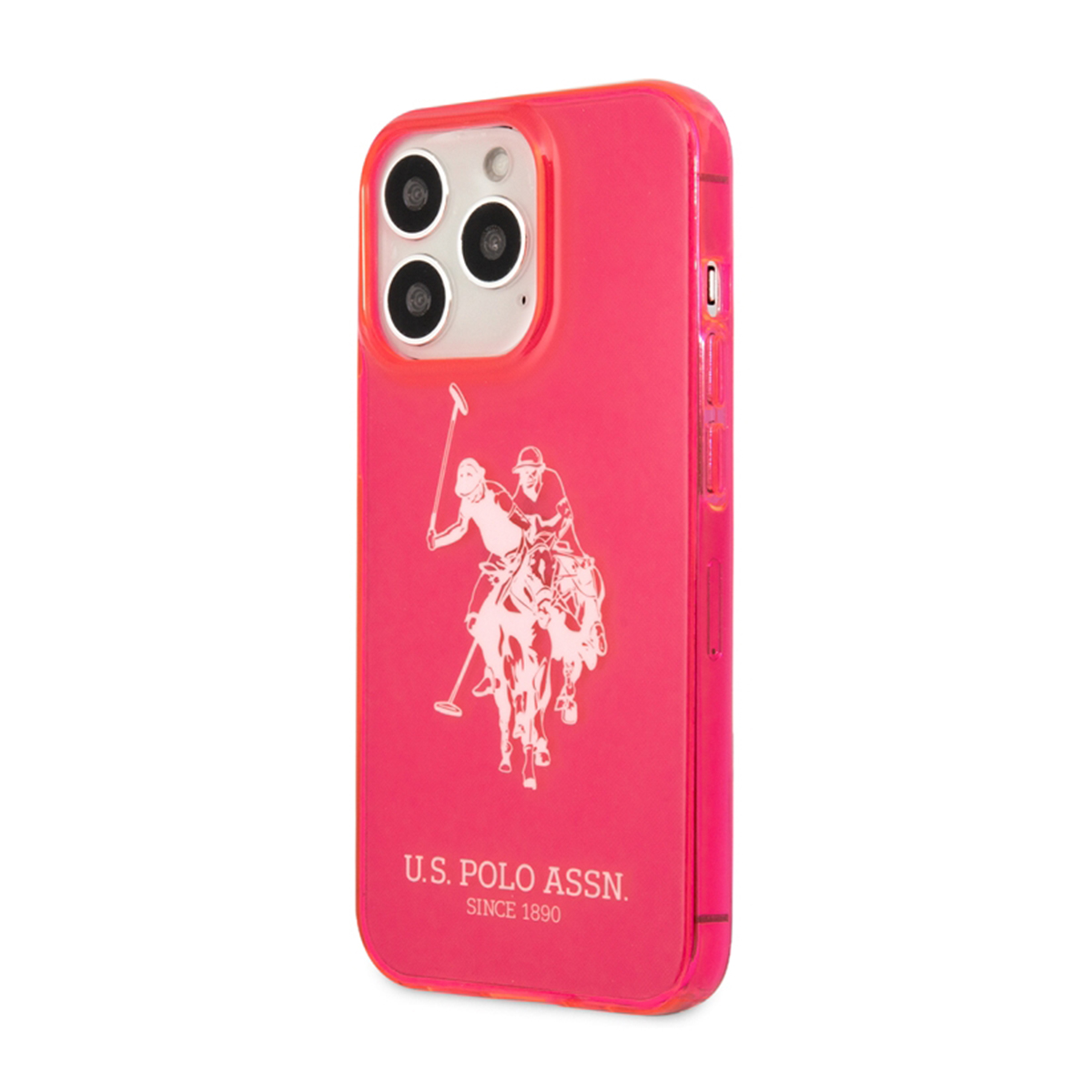 Custodia rosa con un logo bianco US Polo Assn. La custodia copre la parte posteriore e i lati.