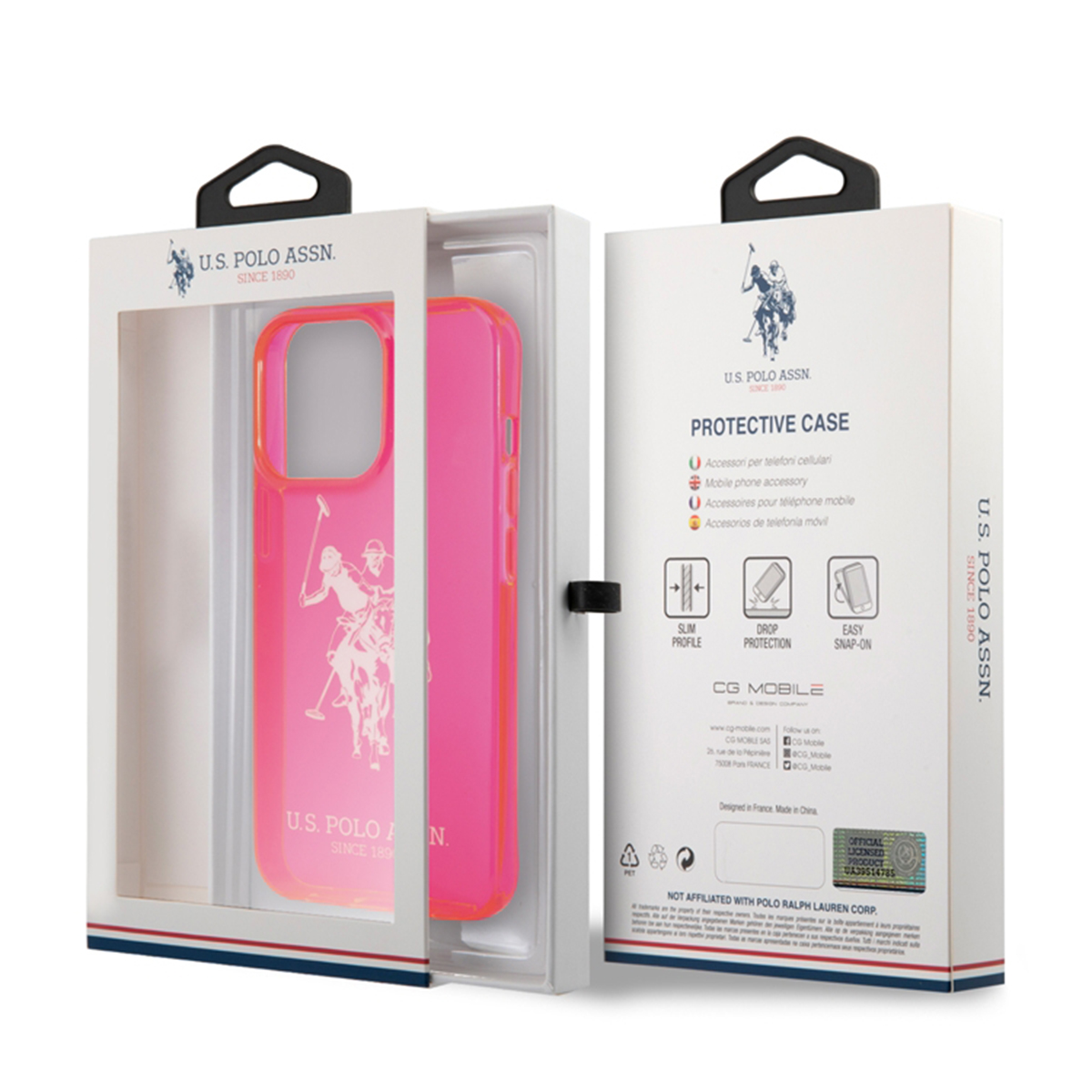 Custodia per telefono rosa in una scatola, con marchio U.S. Polo Assn. La scatola è bianca.