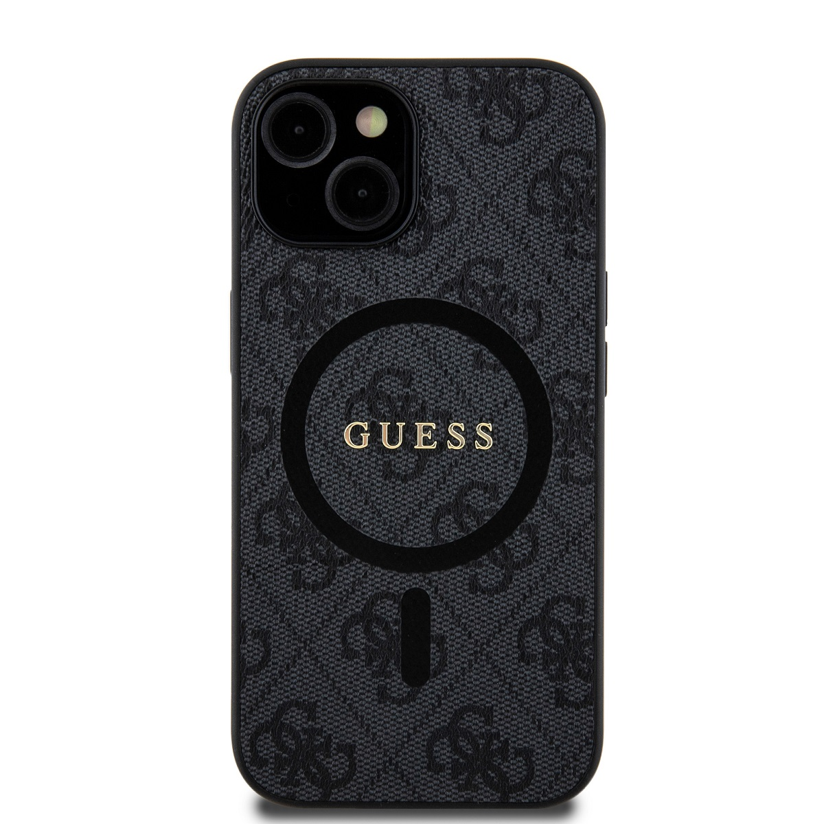 Schwarze Handyhülle mit GUESS-Logo und Muster, mit Telefon.