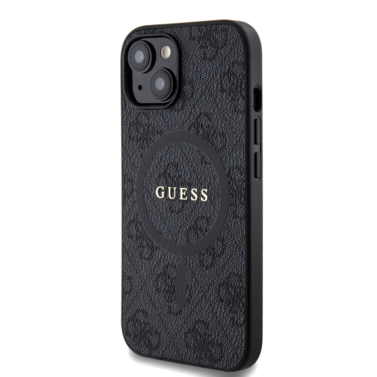 Guess Handyhülle. Schwarze Hülle mit Guess-Logo und Magsafe-Ring. Schwarzer Hintergrund.