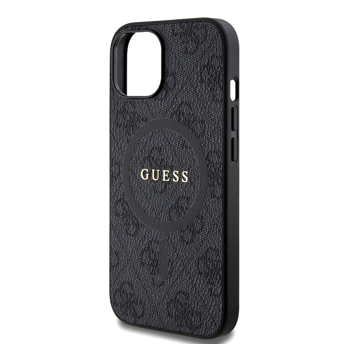 Schwarze Handyhülle mit 'GUESS'-Logo und MagSafe-Ring. Strukturierte Oberfläche, Seitentasten sichtbar.