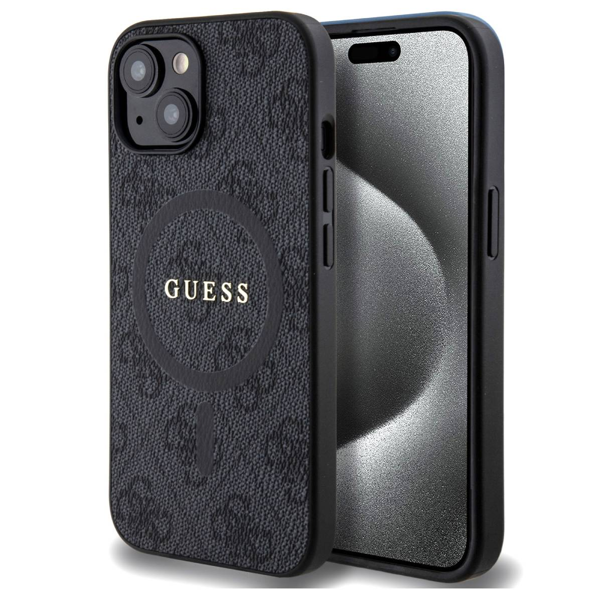 Schwarze Handyhülle mit GUESS-Logo und dem Bildschirm des Telefons. Ein silberner Ring auf der Rückseite.
