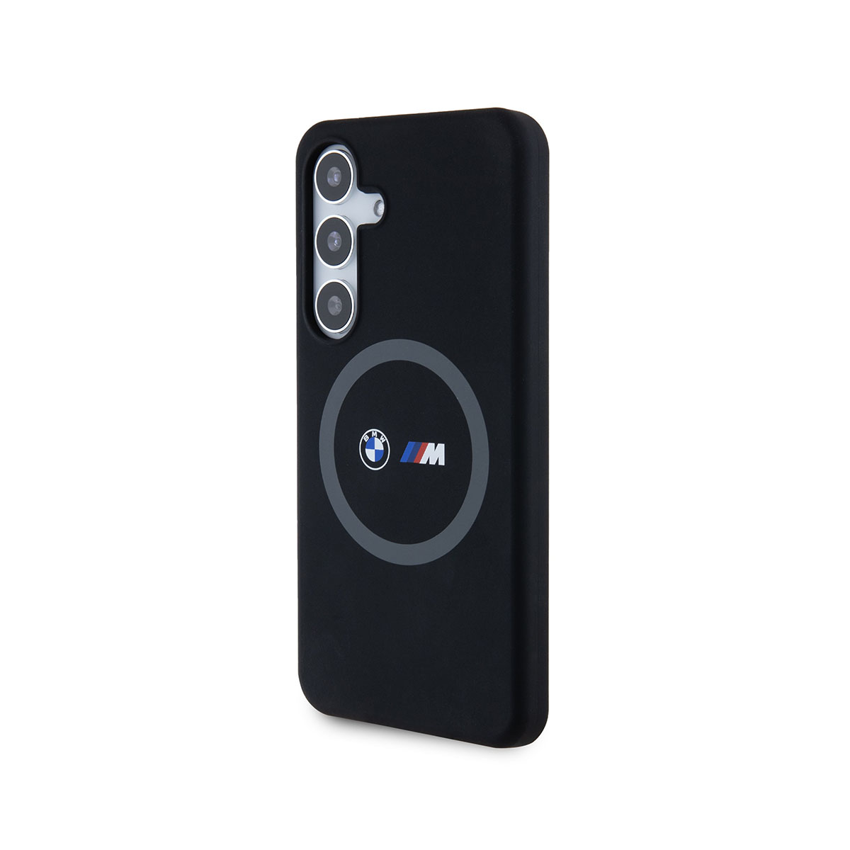 Custodia nera con logo BMW. Tre lenti della fotocamera. Sfondo bianco.