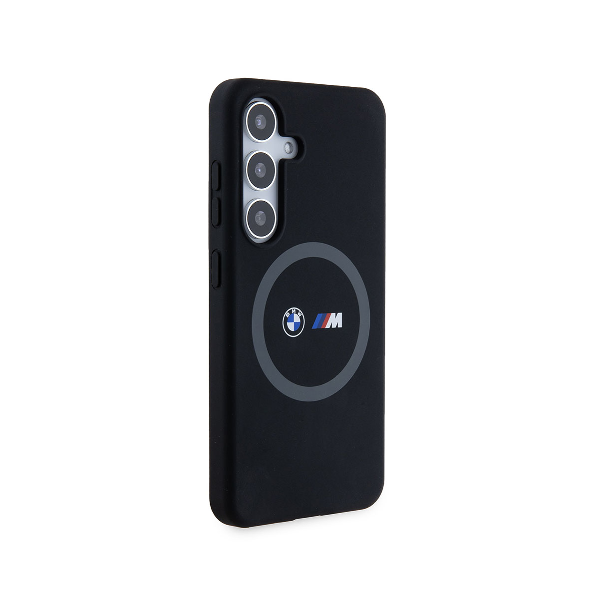 Custodia nera con logo BMW. La custodia è su un telefono nero.