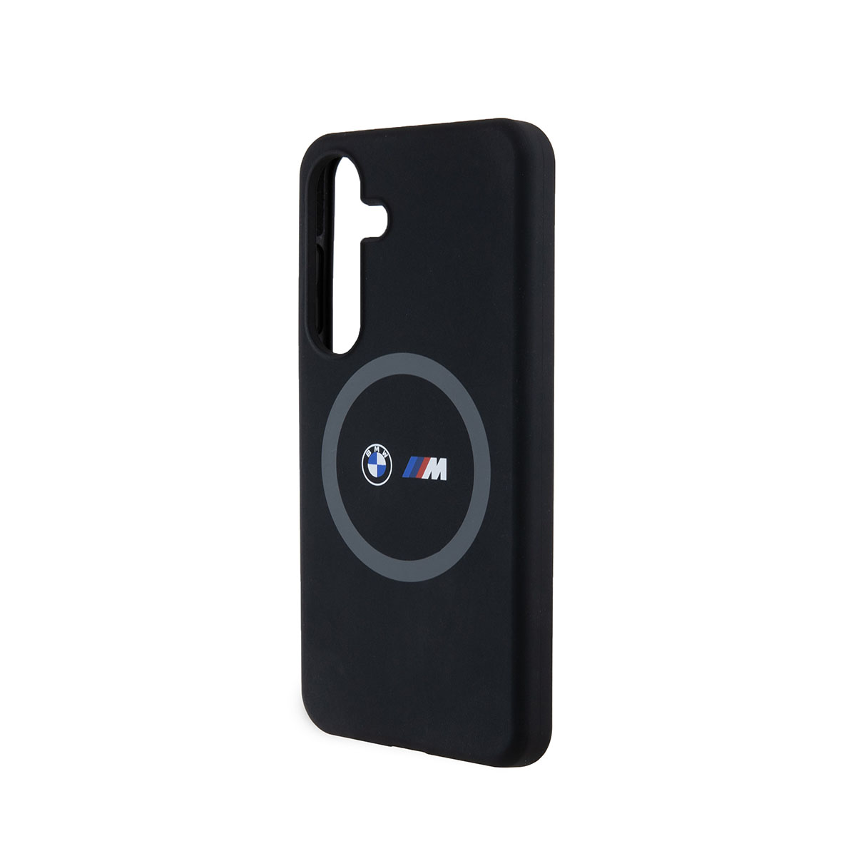 Custodia per telefono nera con logo BMW. Telefono nero nella custodia. Sfondo bianco.