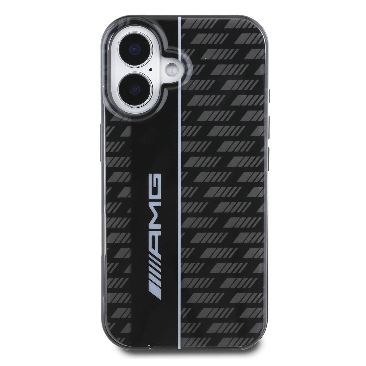Custodia per telefono nera con design AMG. Sfondo bianco. Custodia nera con linee bianche e logo AMG.