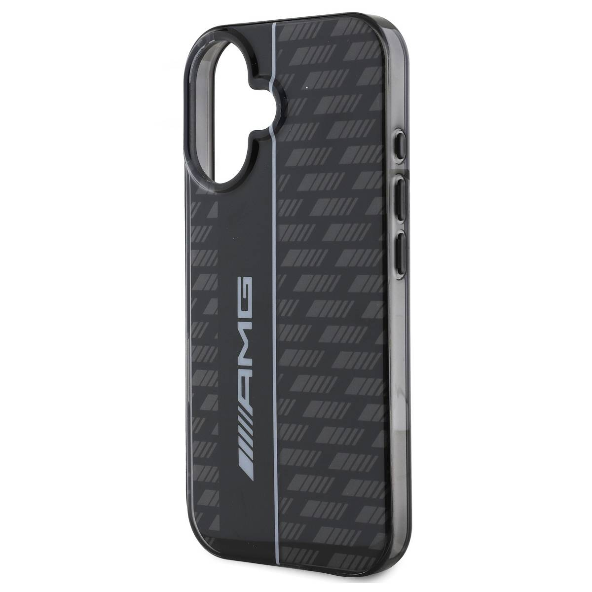 Custodia per telefono nera con logo AMG e linee diagonali.