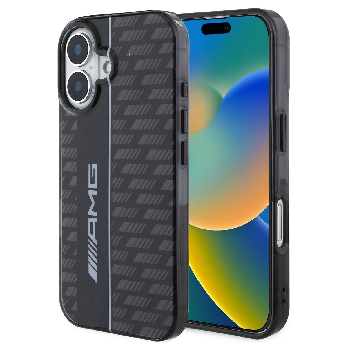 Custodia per telefono nera con logo AMG e telefono all'interno. Presenta un motivo strutturato.