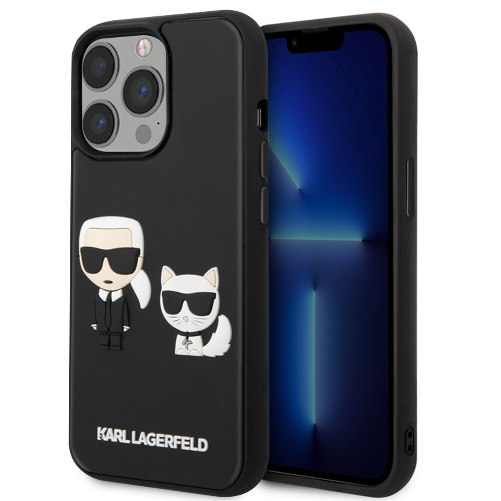 Custodia nera con design Karl Lagerfeld e gatto, con sfondo bianco.