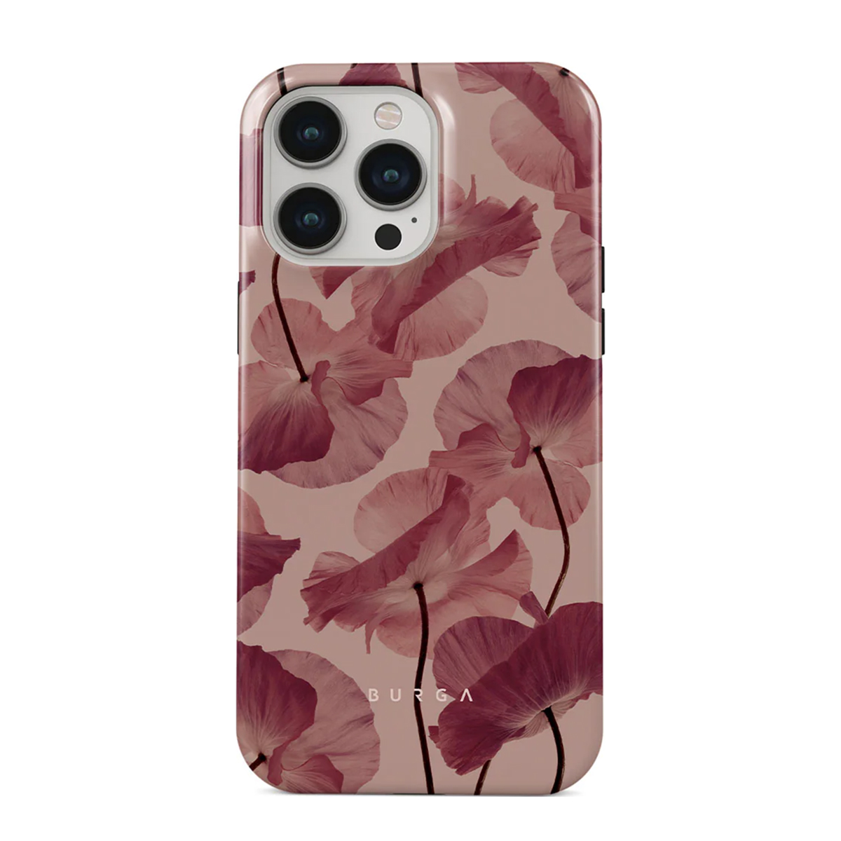Telefoonhoesje met een bloemenpatroon. De bloemen zijn roze op een bruine achtergrond.