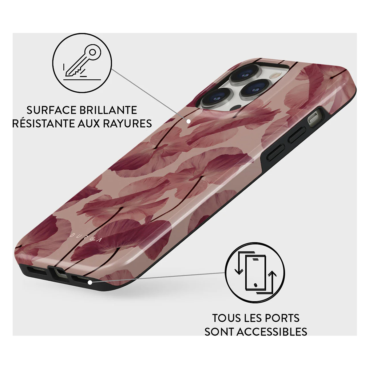 Telefoonhoesje met bordeauxrood bladerpatroon op lichtbruine achtergrond. Zwarte randen en iconen zichtbaar.