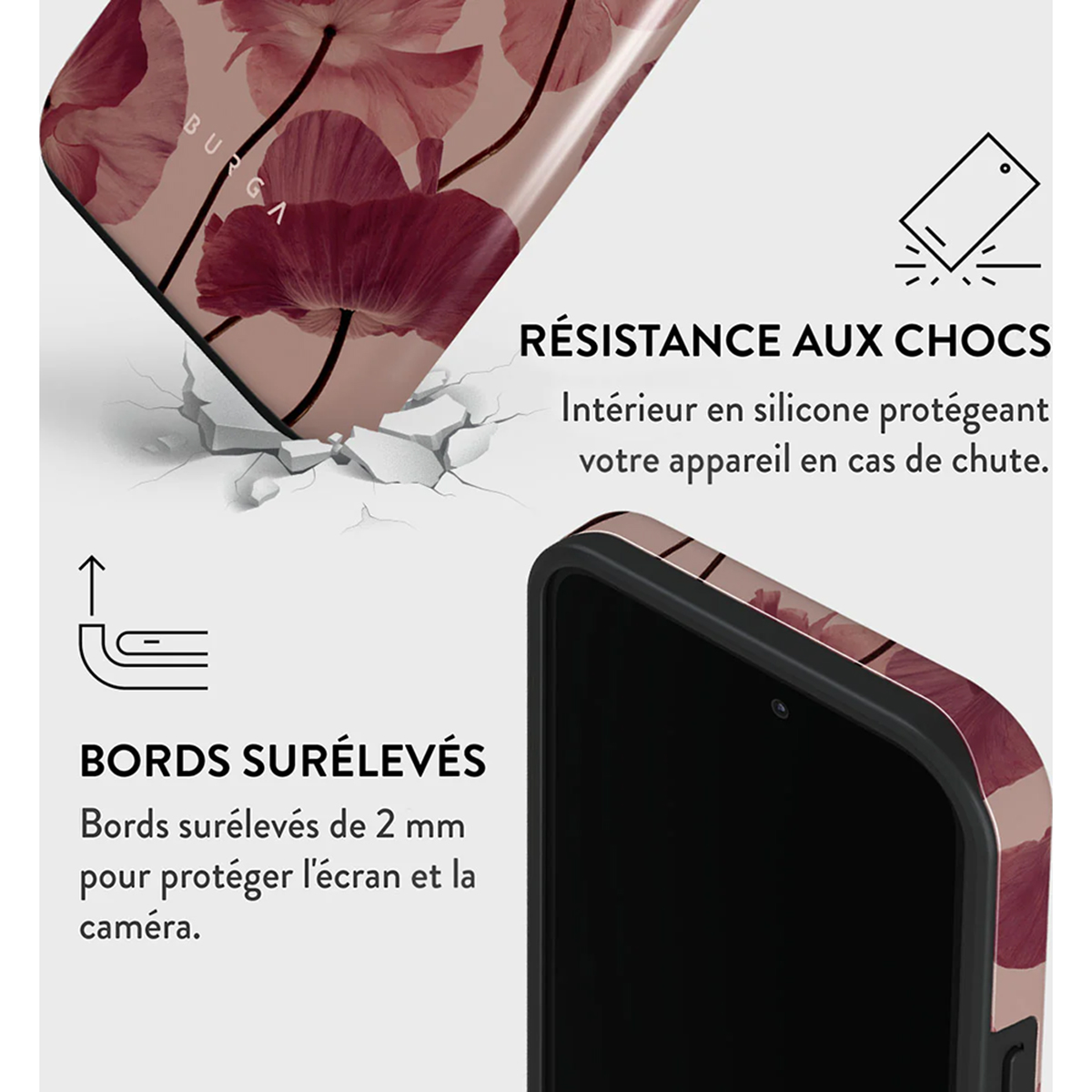 Custodia per telefono con un design floreale. Il testo è visibile sulla custodia. Viene mostrata una superficie incrinata.