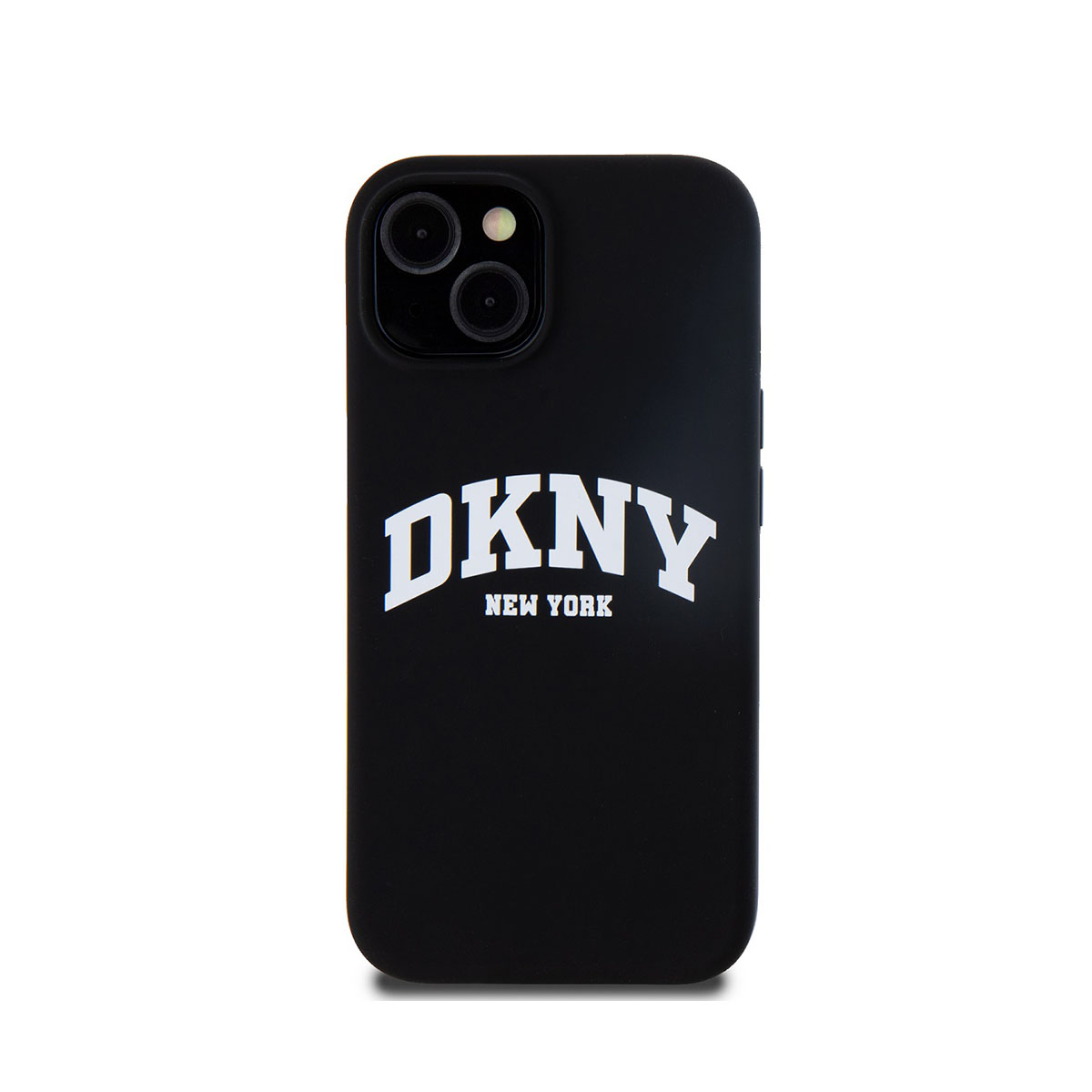 Custodia nera con logo DKNY bianco al centro. La custodia si adatta al telefono.