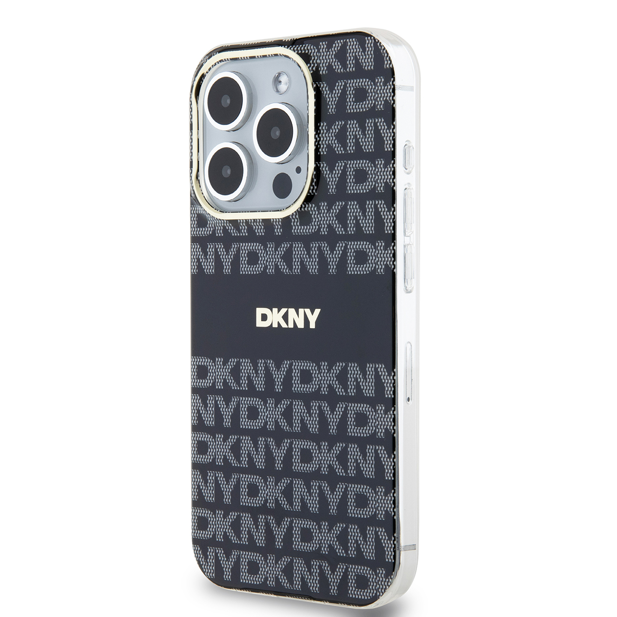 Custodia blu scuro per telefono con logo DKNY. Cornice bianca. Sfondo bianco.