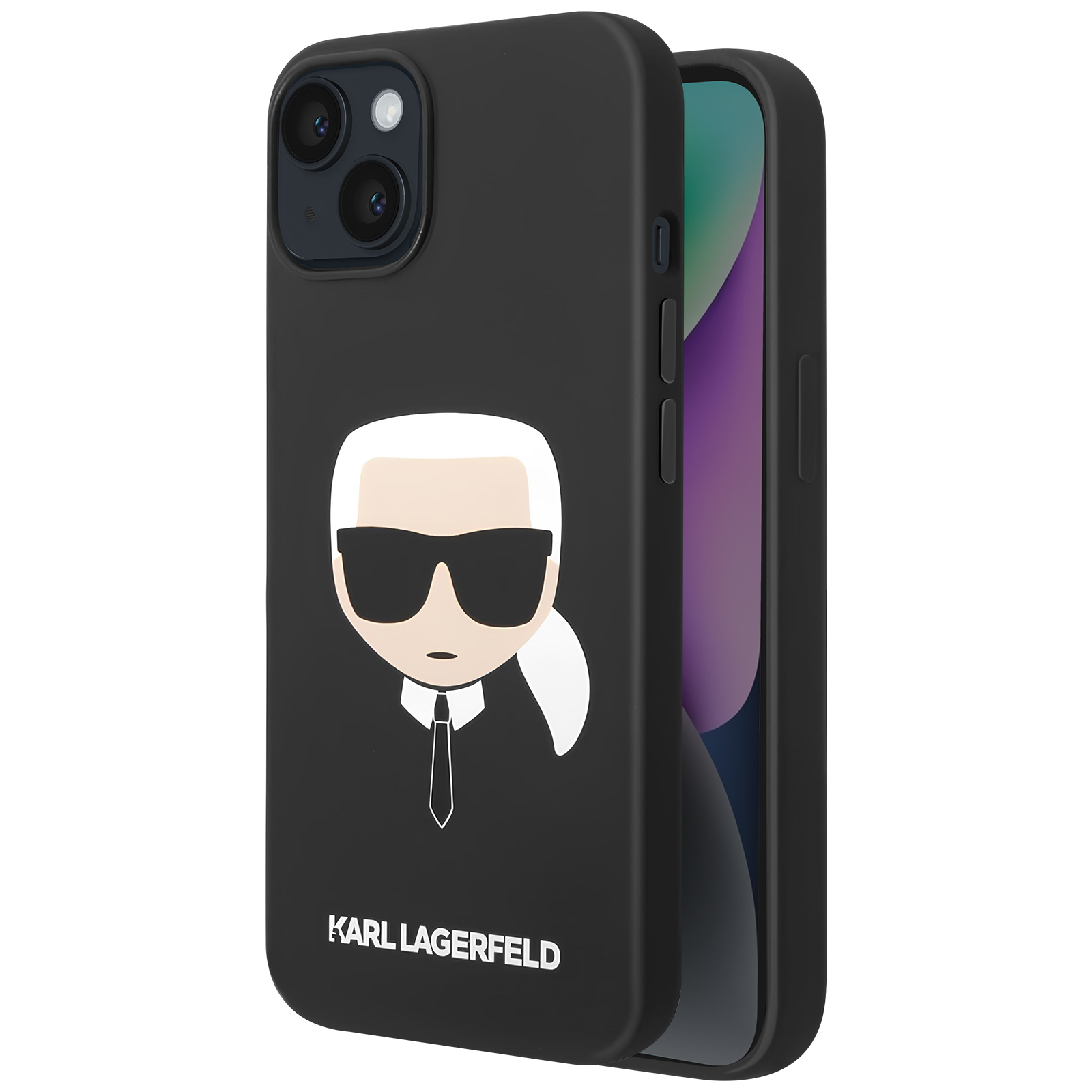 Custodia per telefono nera con cartone animato Karl Lagerfeld. Il telefono ha due fotocamere. Sfondo bianco.