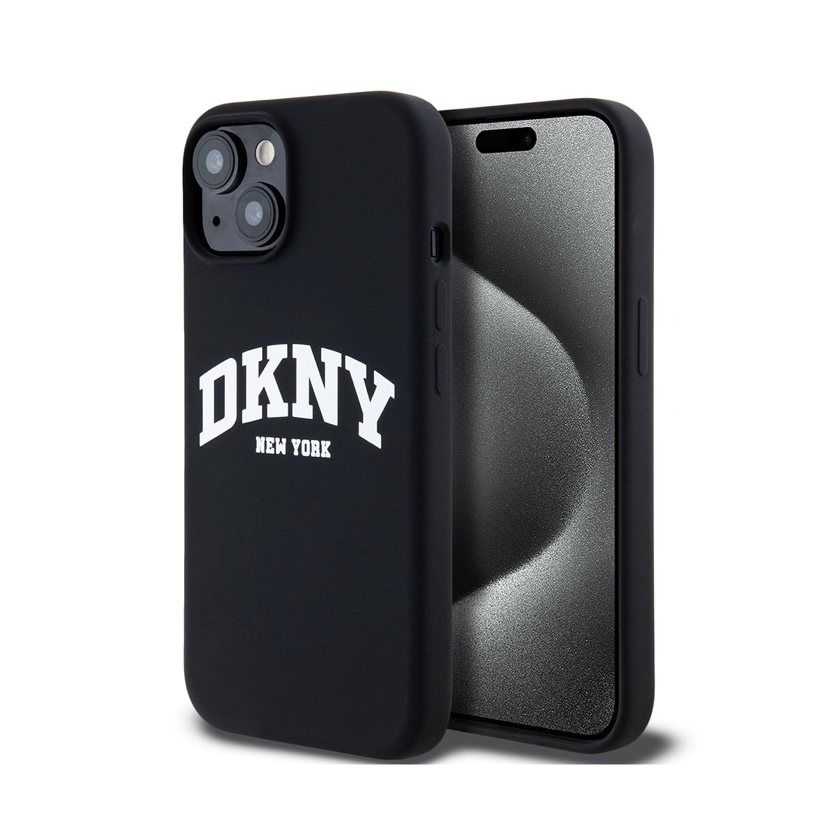 Custodia per telefono DKNY nera, con logo bianco. La custodia è a destra.