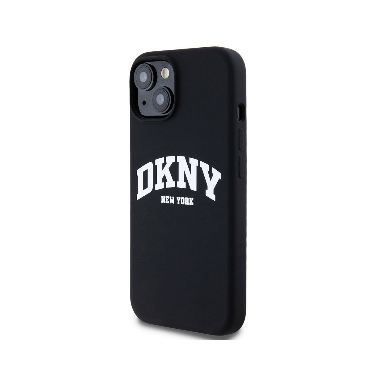 Custodia nera con "DKNY NEW YORK" a caratteri bianchi.