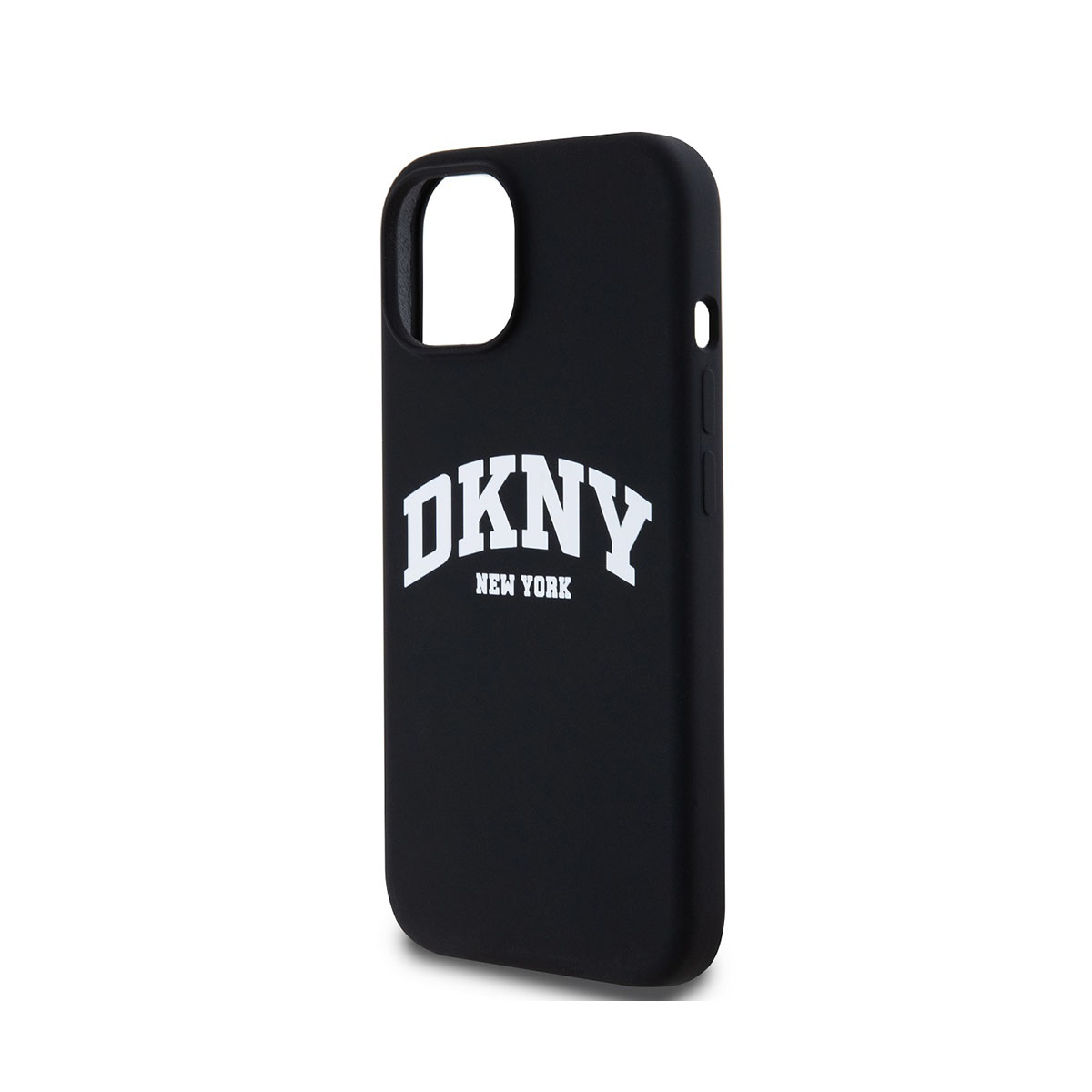 Custodia per telefono nera con 'DKNY NEW YORK' stampato in bianco sul retro.