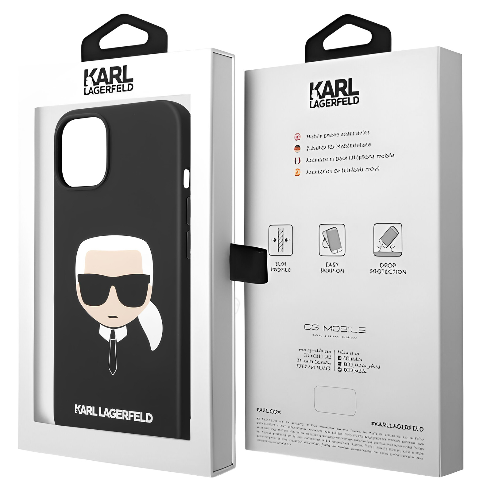 Custodia Karl Lagerfeld in una scatola bianca, con un disegno di Karl.