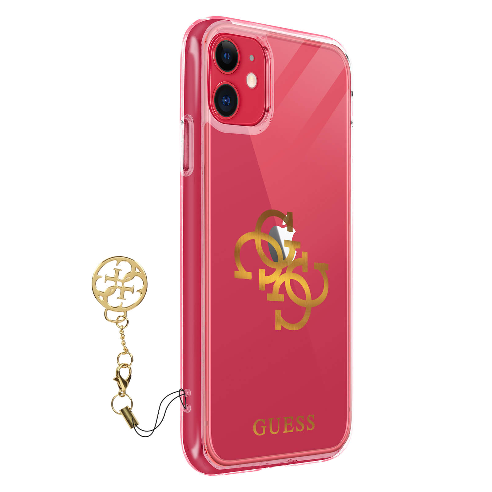 Rote Handyhülle mit GUESS-Logo und Anhänger.