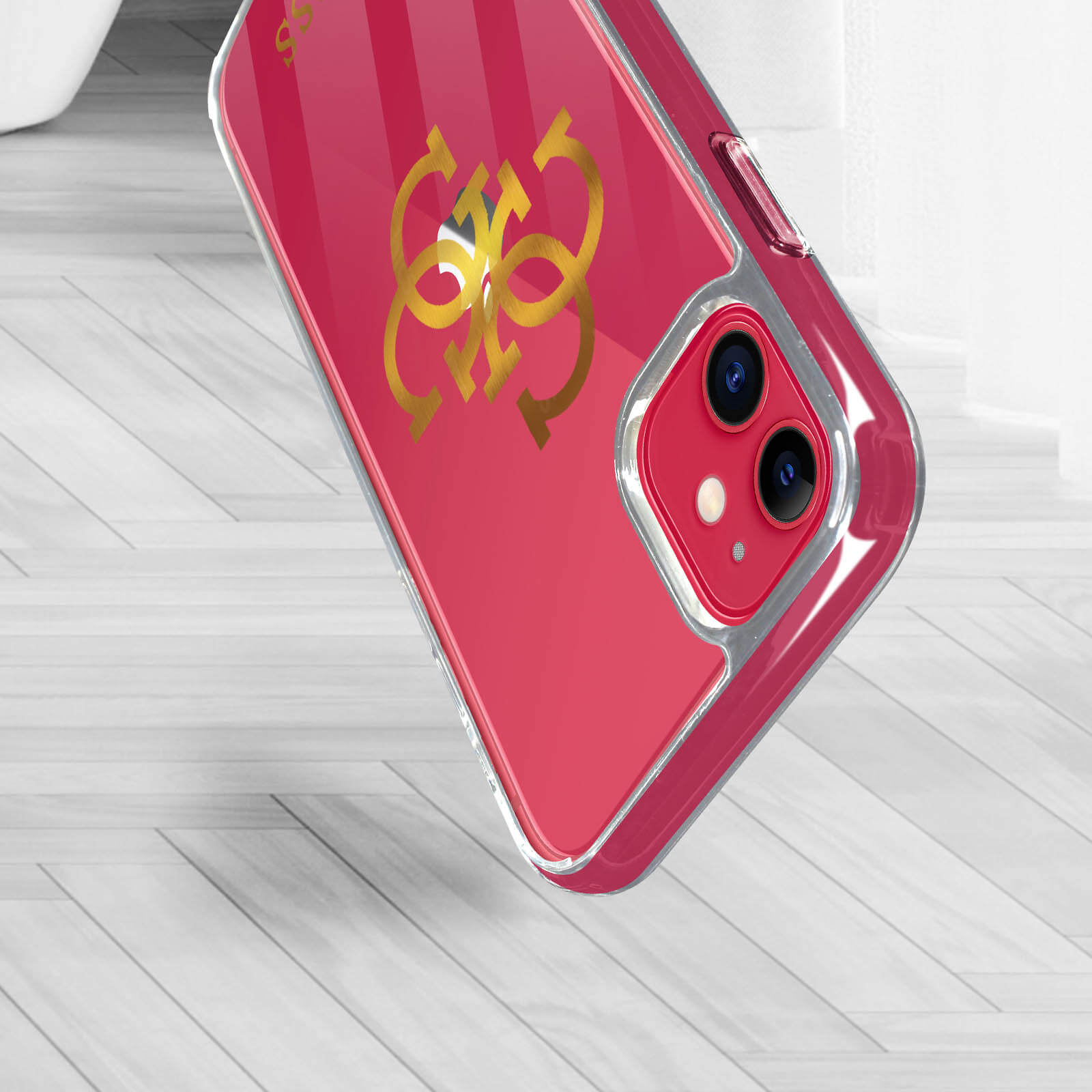 Rote Handyhülle mit Guess-Logo und weißem Hintergrund.