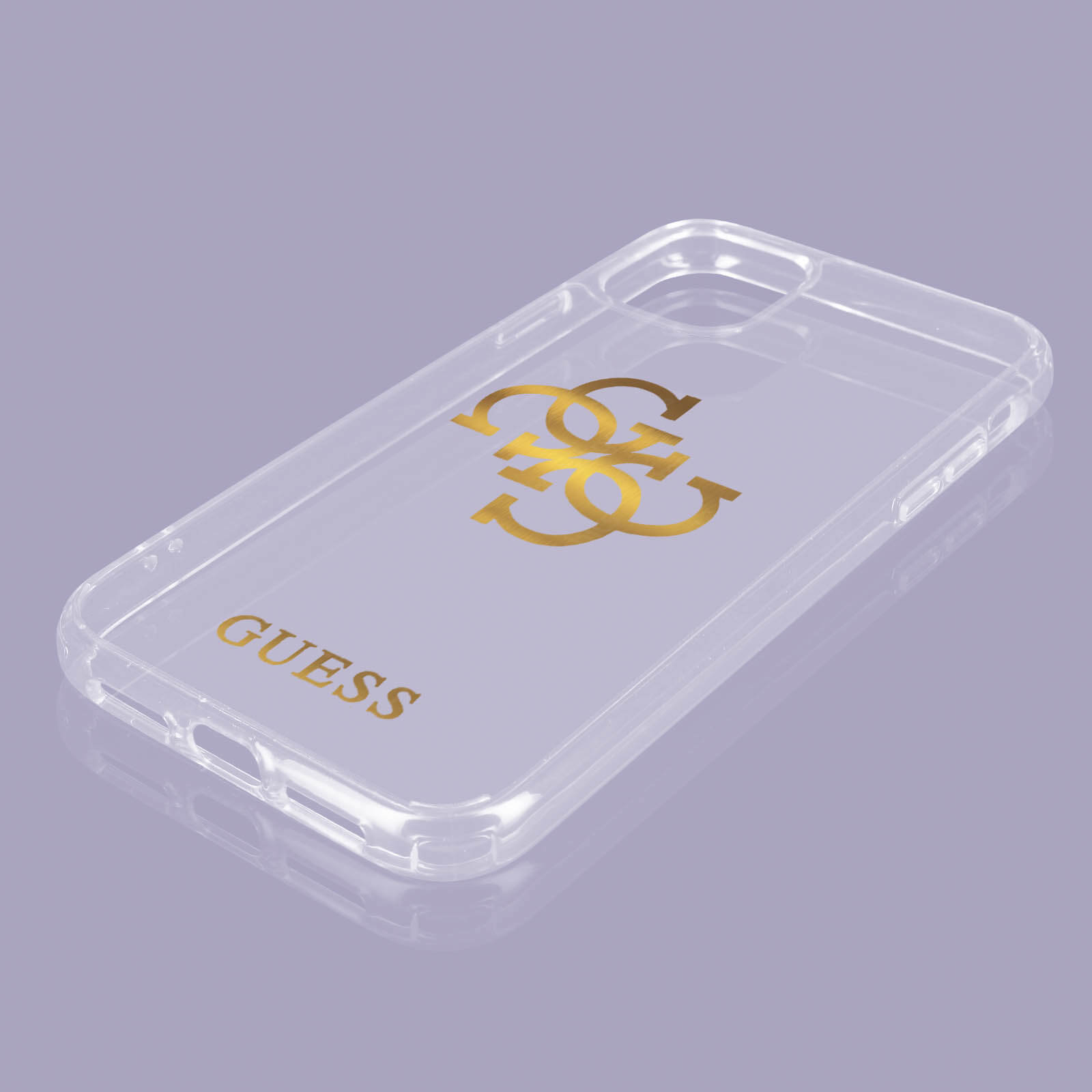 Eine transparente Handyhülle mit einem goldenen GUESS-Logo auf lila Hintergrund.