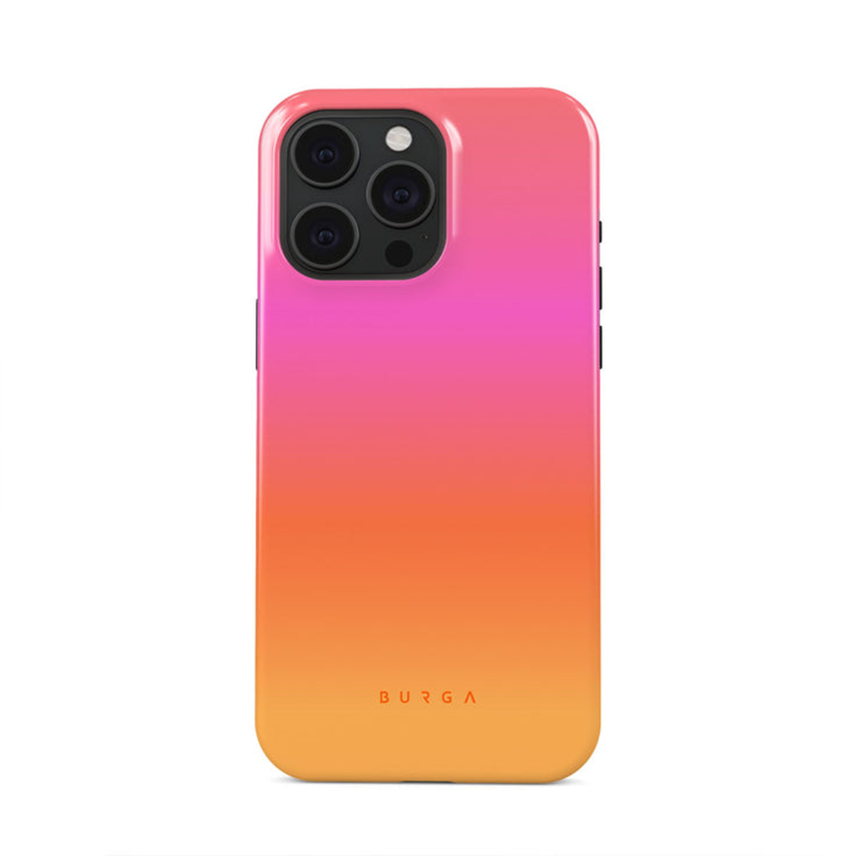 Roze-oranje verlopende telefoonhoesje met camera en merk 'BURGA'.