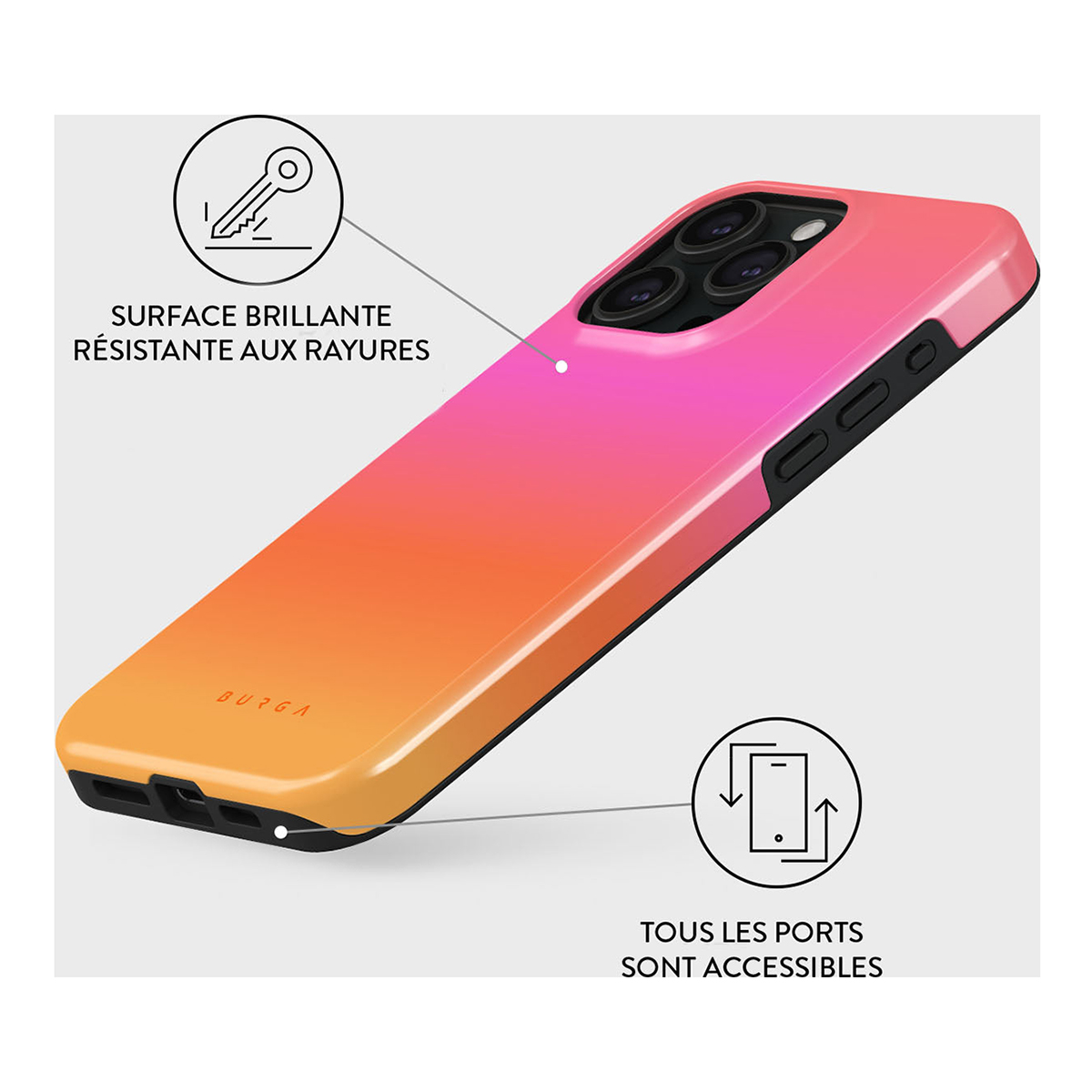 Telefoonhoes met een verloopkleur, roze naar oranje. Met een telefoon erin.