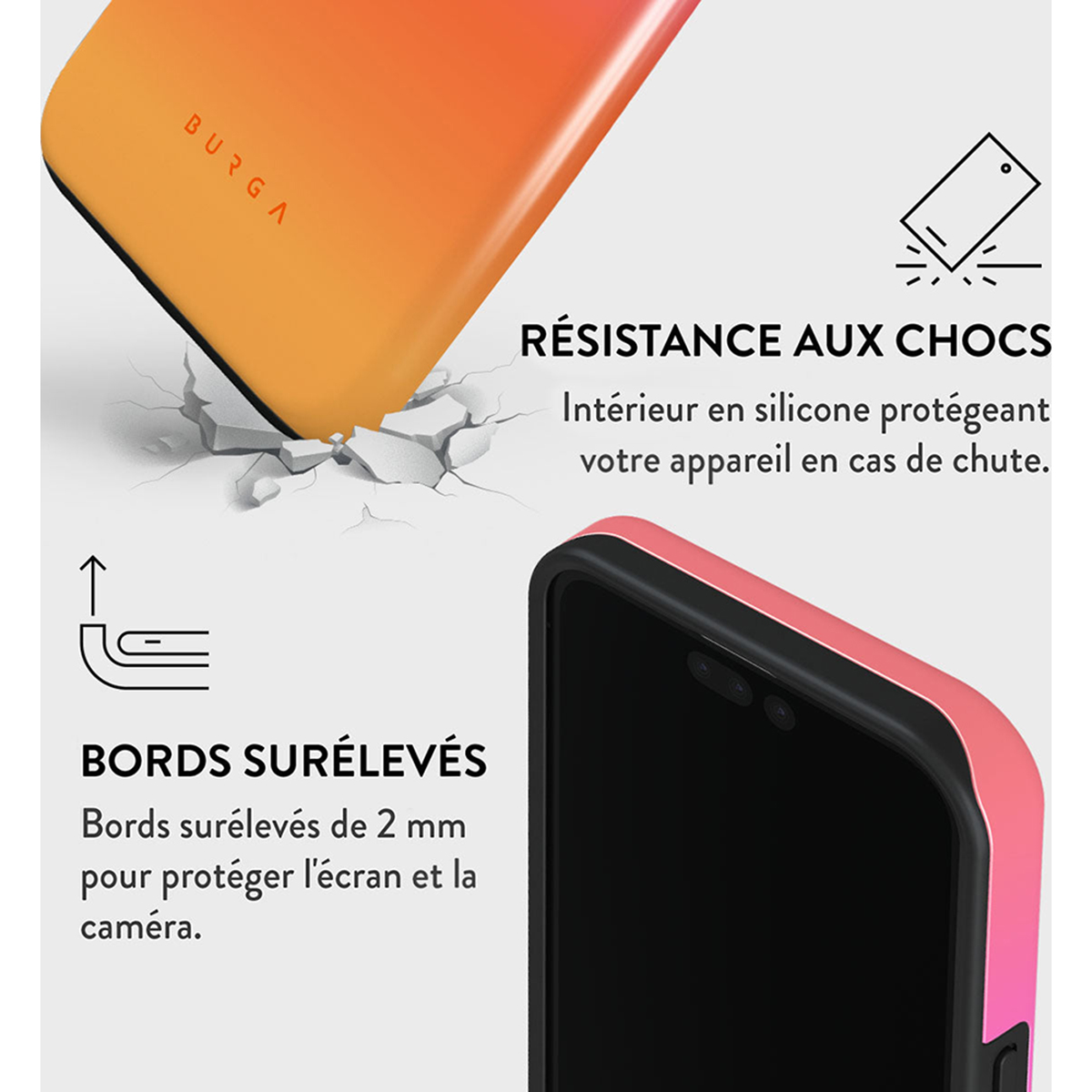 Telefoonhoesje met oranje en roze gradiënt, gebarsten grond. Tekst: Schokbestendigheid, verhoogde randen.