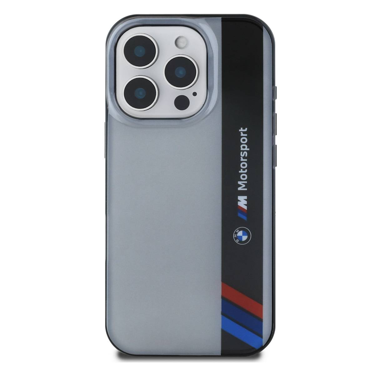 Custodia per telefono con logo BMW. Design grigio e nero. Obiettivi della fotocamera visibili.
