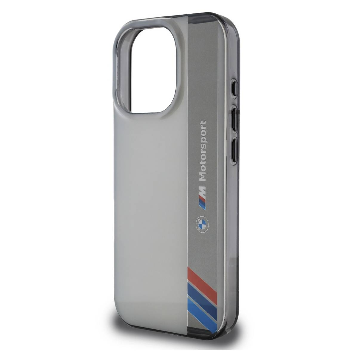 Custodia con design BMW Motorsport. Grigio e bianco, strisce blu e rosse.
