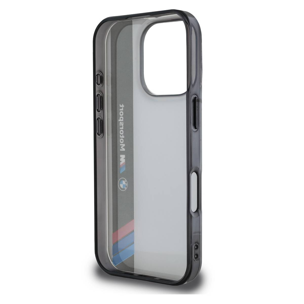 Custodia per telefono con logo BMW e cornice nera. Design trasparente con striscia colorata.