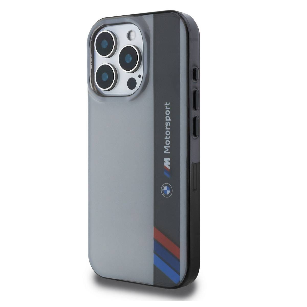 Una custodia grigia per telefono con logo BMW Motorsport e strisce rosse e blu.