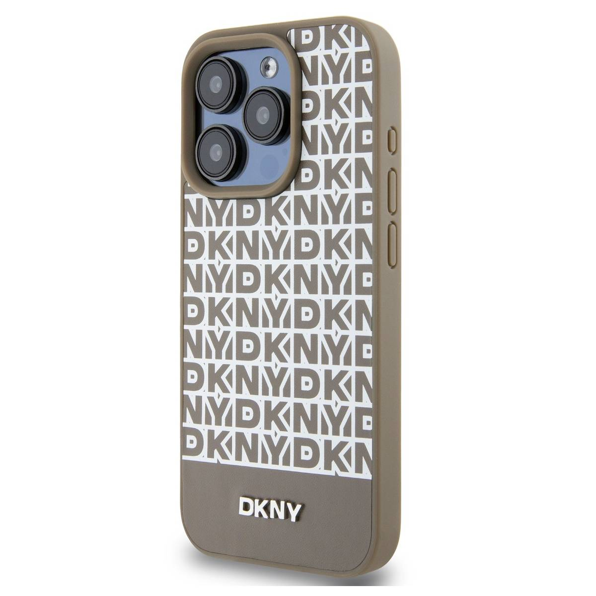 Una custodia per telefono DKNY marrone con il nome del marchio ripetuto e un logo bianco.