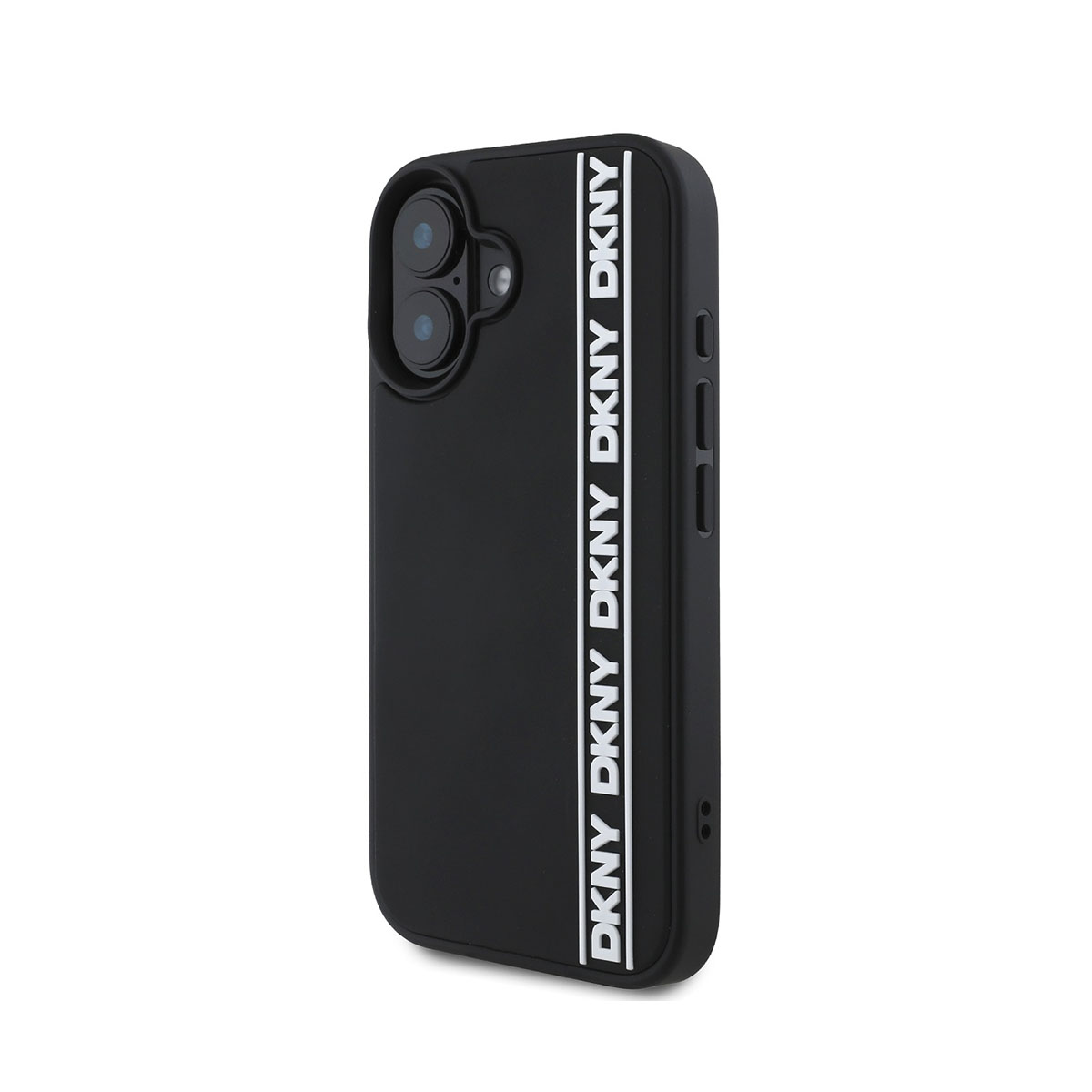 Custodia nera con strisce bianche con logo DKNY. Sfondo bianco.