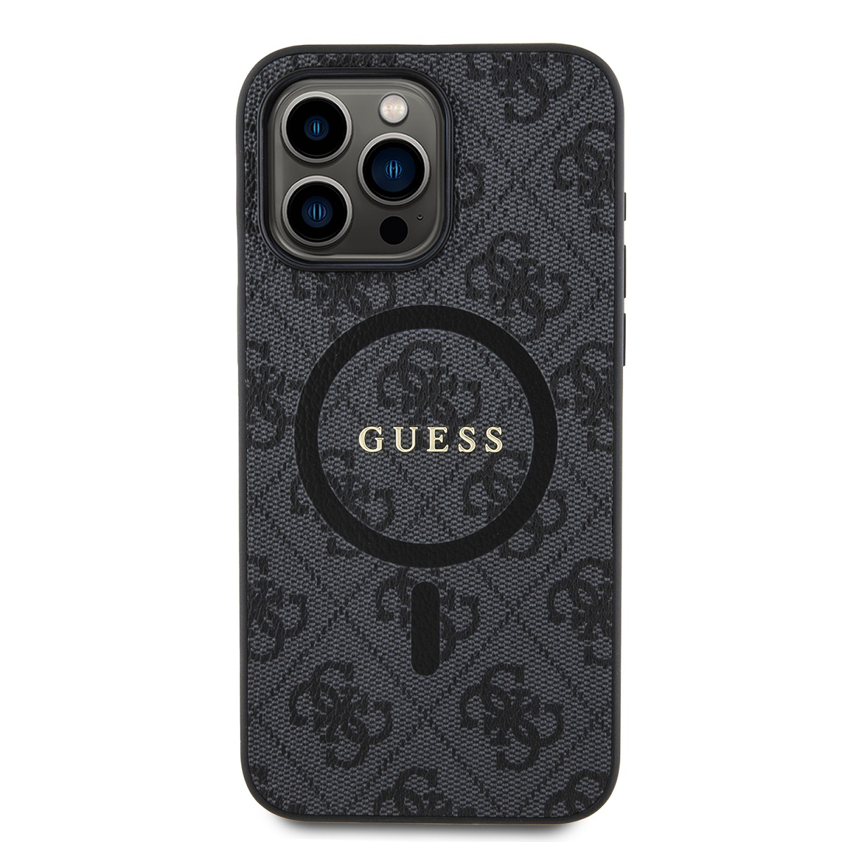 Custodia nera per telefono con logo e motivo Guess.