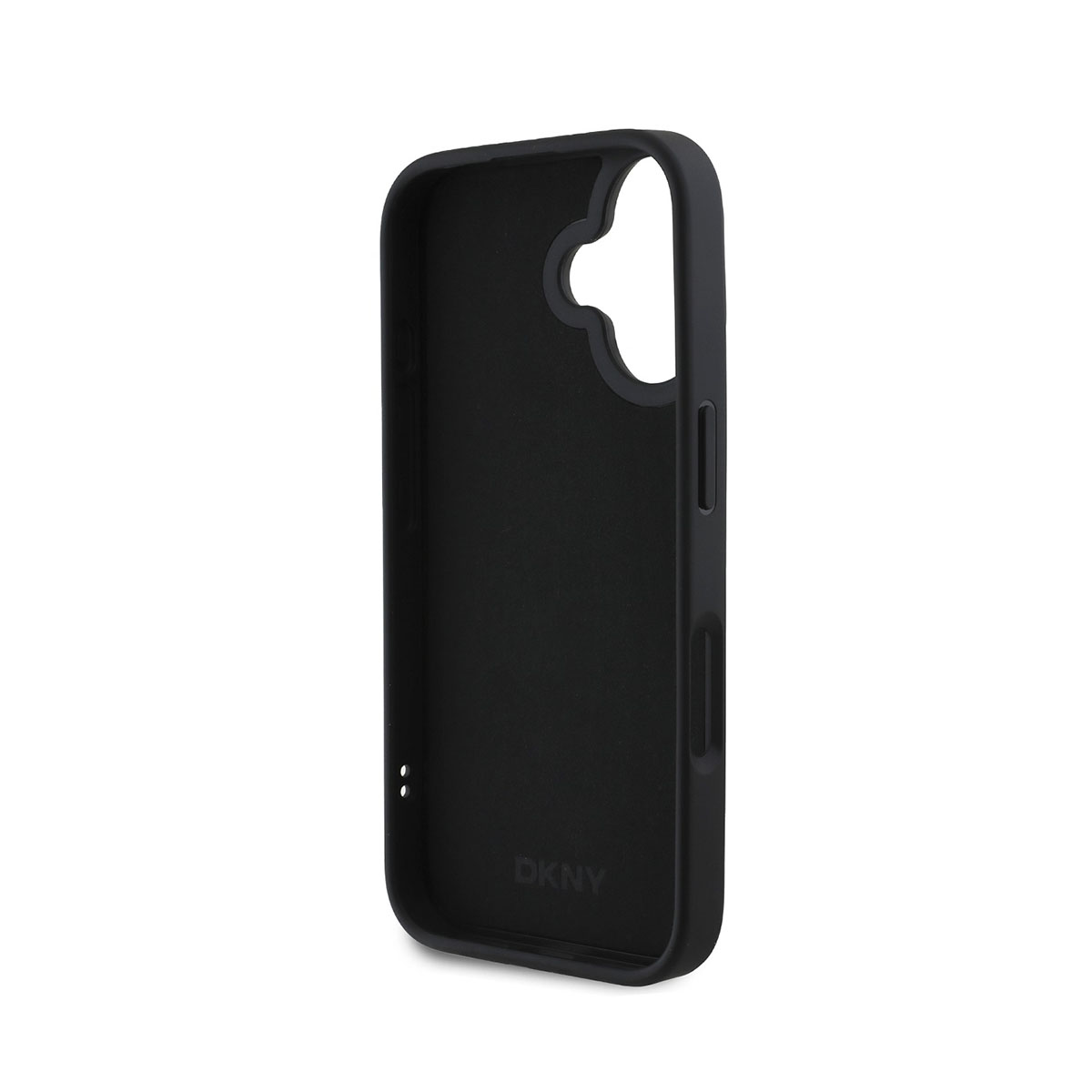 Interno della custodia per telefono DKNY nera. Sfondo bianco.