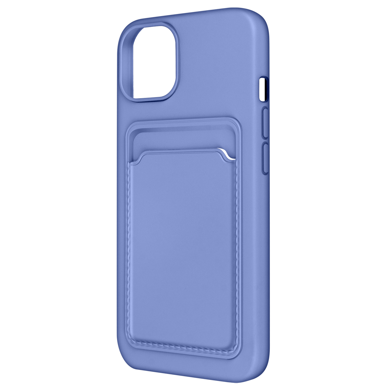 Una custodia per telefono lilla con uno slot per schede. Ha un ritaglio per la fotocamera e i pulsanti, con un bordo cucito.